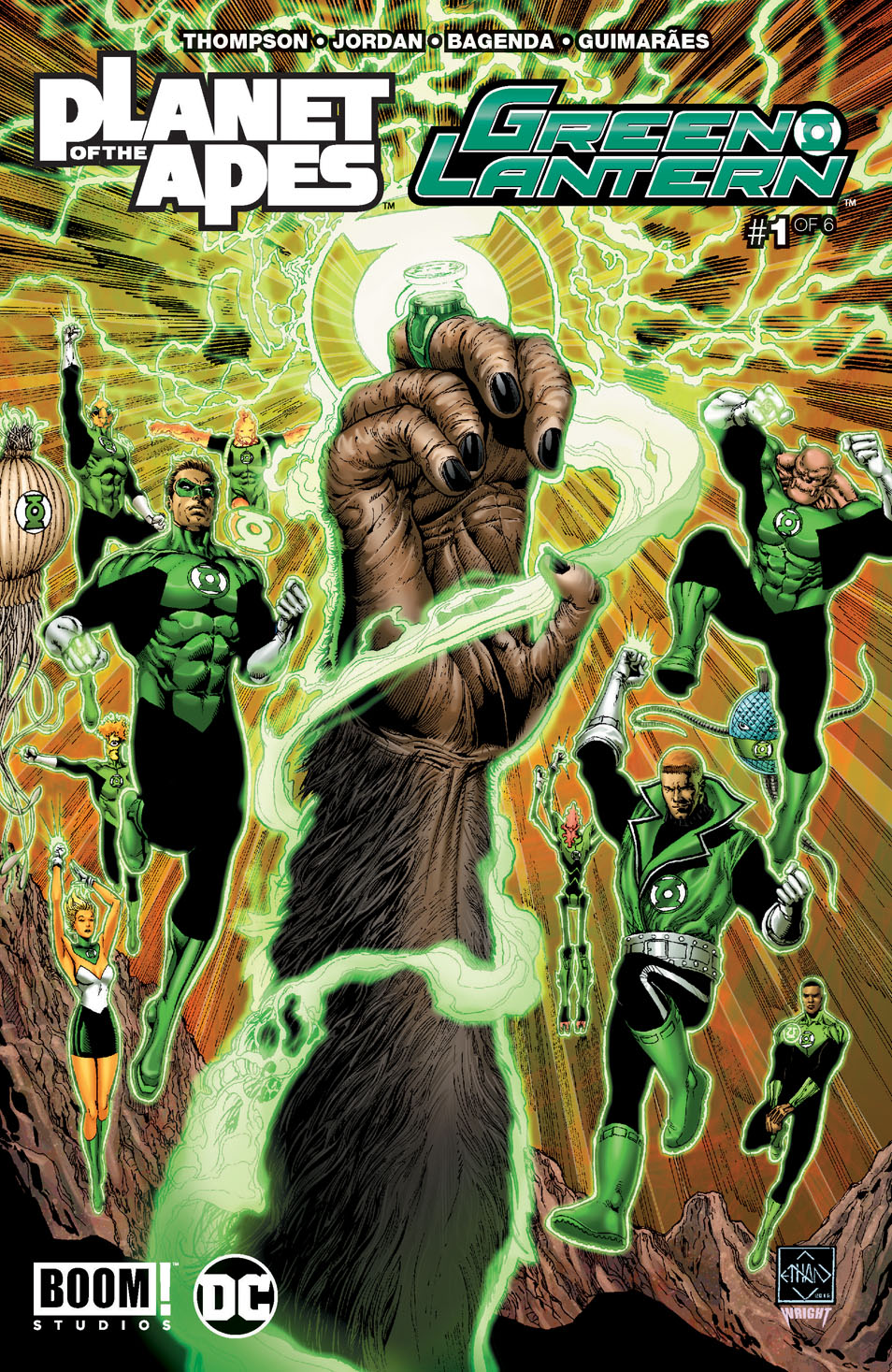 This image is the cover for the book Planet of the Apes/Green Lantern #1, Planet of the Apes/Green Lantern