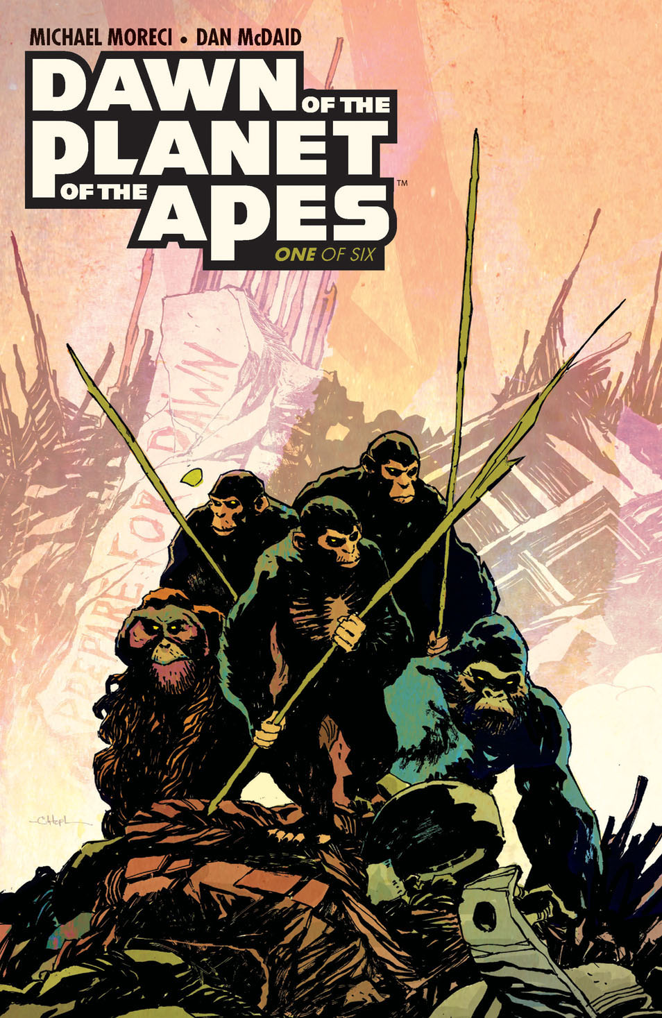 This image is the cover for the book Dawn of the Planet of the Apes #1, Dawn of the Planet of the Apes