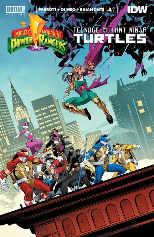This image is the cover for the book Mighty Morphin Power Rangers/Teenage Mutant Ninja Turtles #4, Mighty Morphin Power Rangers/Teenage Mutant Ninja Turtles