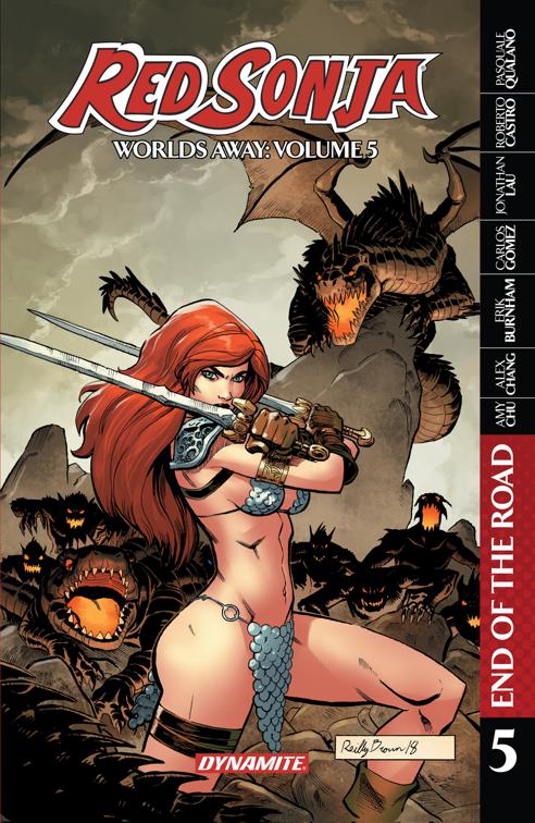 This image is the cover for the book Red Sonja: Worlds Away Vol. 5: End of the Road