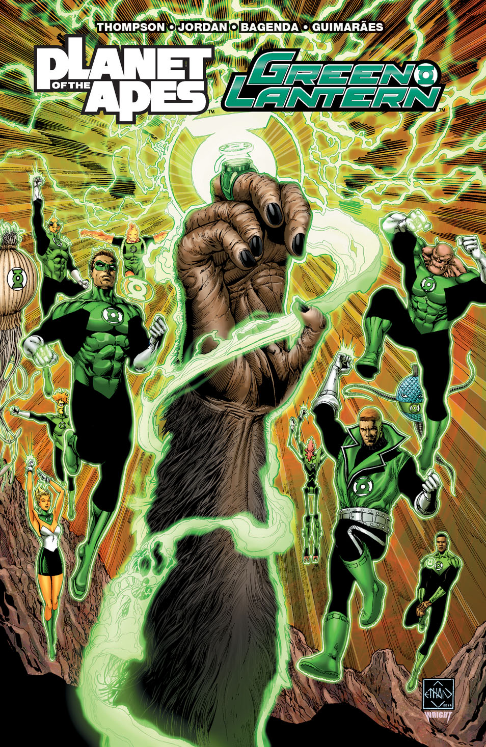 This image is the cover for the book Planet of the Apes/Green Lantern, Planet of the Apes/Green Lantern