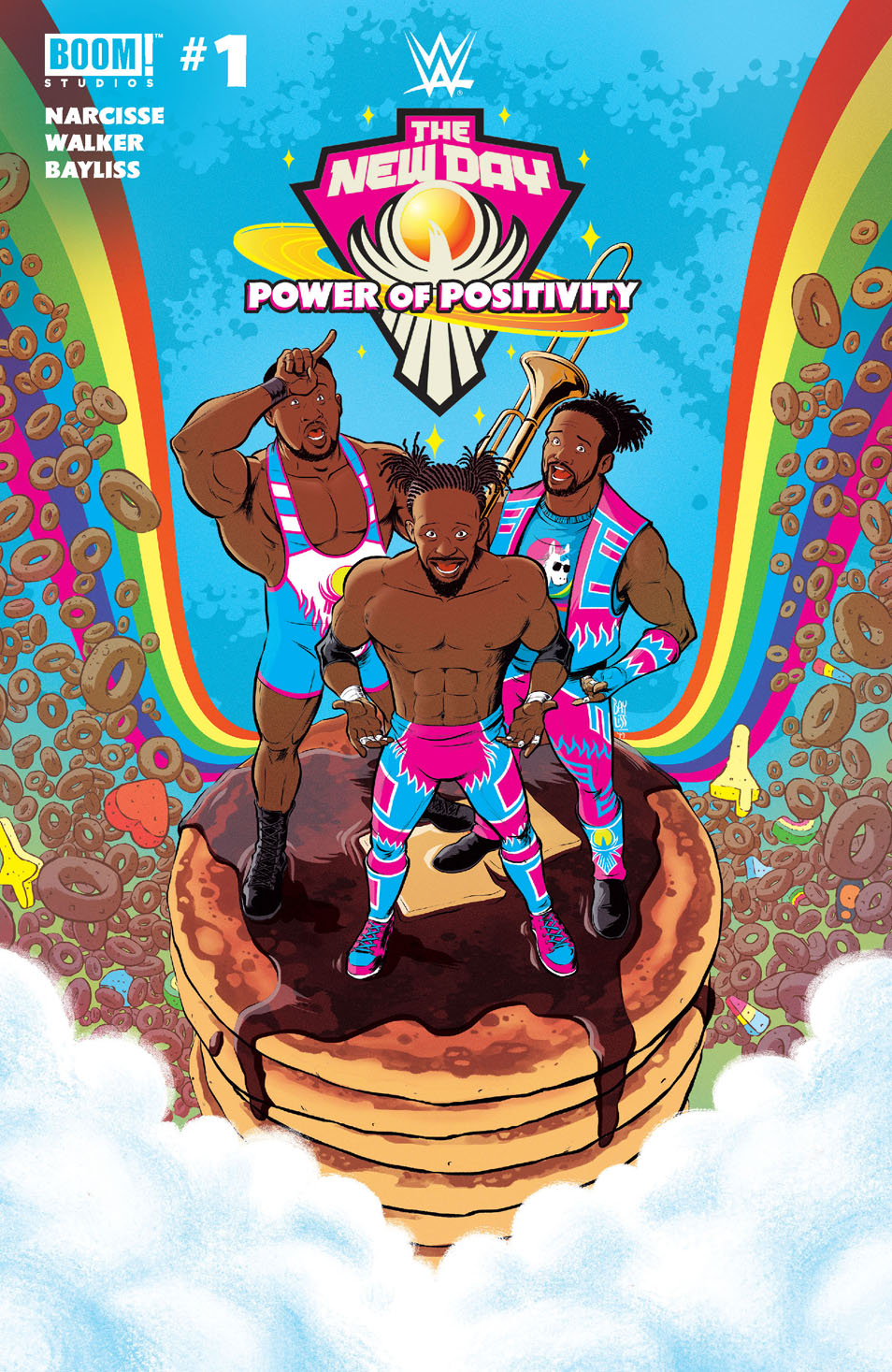 This image is the cover for the book WWE The New Day: Power of Positivity #1, WWE The New Day: Power of Positivity