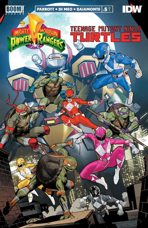 This image is the cover for the book Mighty Morphin Power Rangers/Teenage Mutant Ninja Turtles #5, Mighty Morphin Power Rangers/Teenage Mutant Ninja Turtles