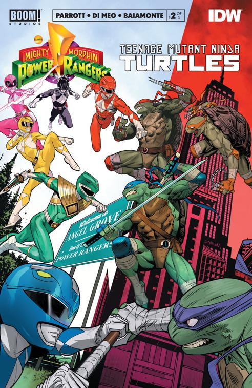 This image is the cover for the book Mighty Morphin Power Rangers/Teenage Mutant Ninja Turtles #2, Mighty Morphin Power Rangers/Teenage Mutant Ninja Turtles